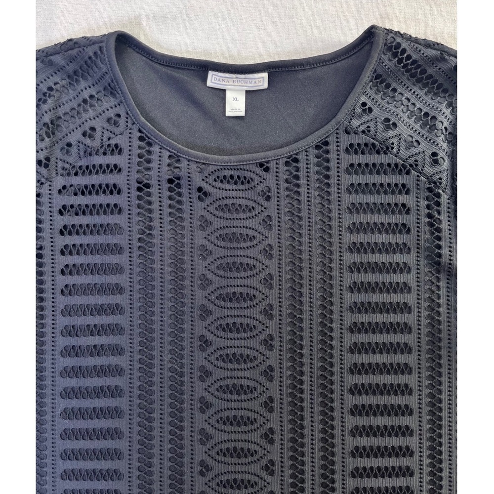 Dana Buchman Black Lace Elbow Sleeve Geometric Eyelet Blouse sz XL Office Goth - Picture 2 of 11